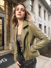 Load image into Gallery viewer, Roubaix Olive Leather Biker Jacket