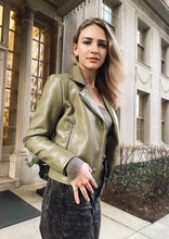 Load image into Gallery viewer, Roubaix Olive Leather Biker Jacket