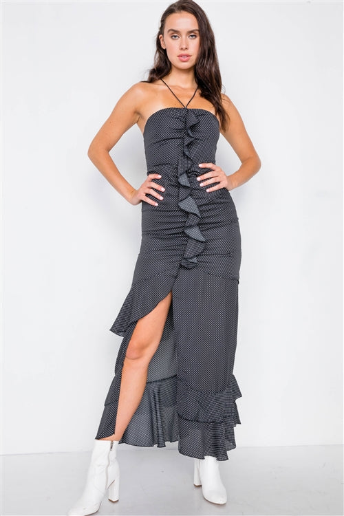 Elahne Black Polkadot Halter Maxi Dress L