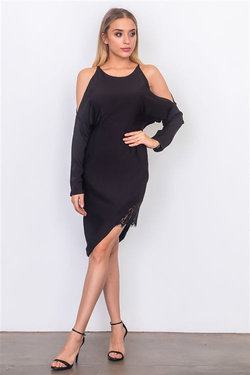 chinese dress ladies Black Long Sleeves A-Line V-Neck Satin Lace Prom Dress with Split