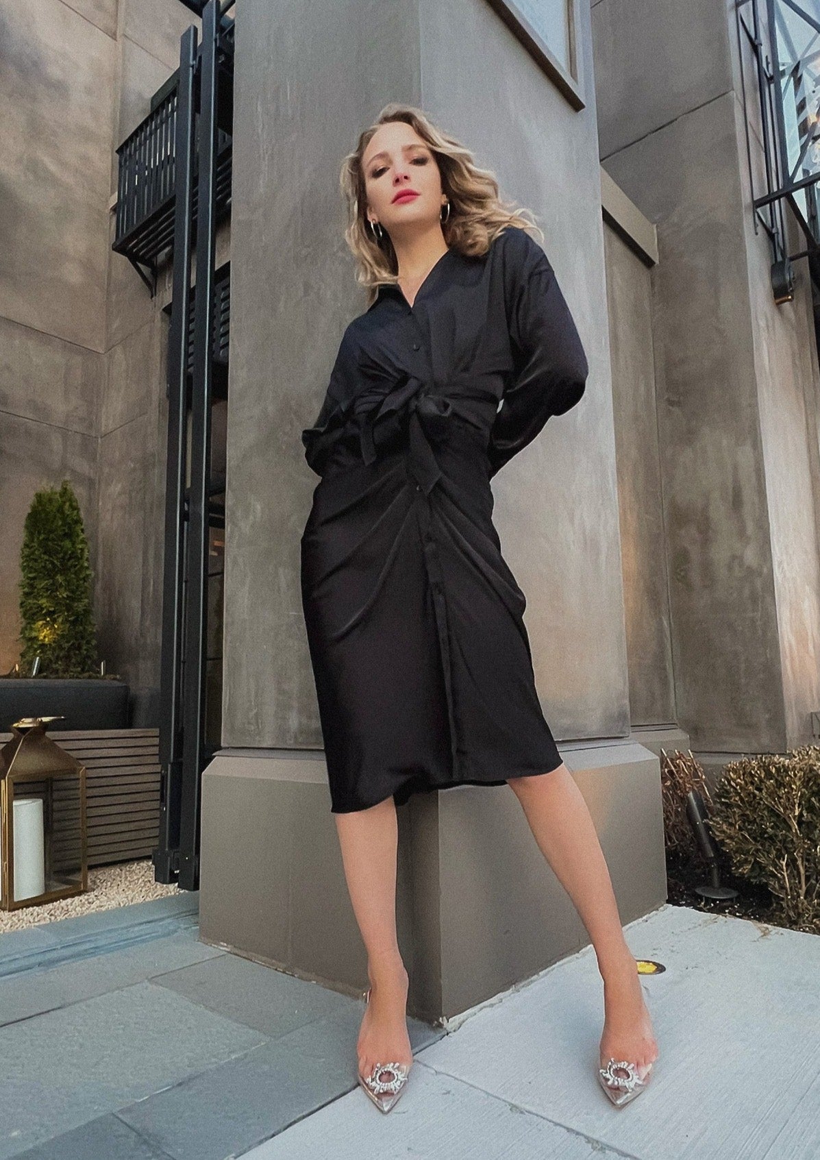 Long Sleeve Wrap Black Satin Ruched Dress AX Paris Black Satin